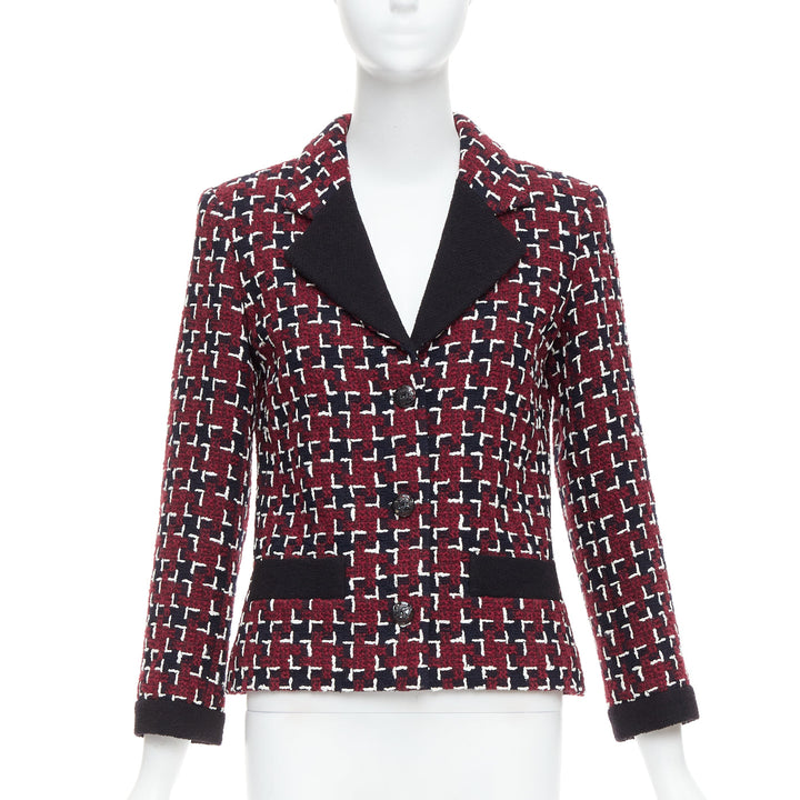 CHANEL 15A Runway Brassiere burgundy black geometric CC tweed jacket FR36 S