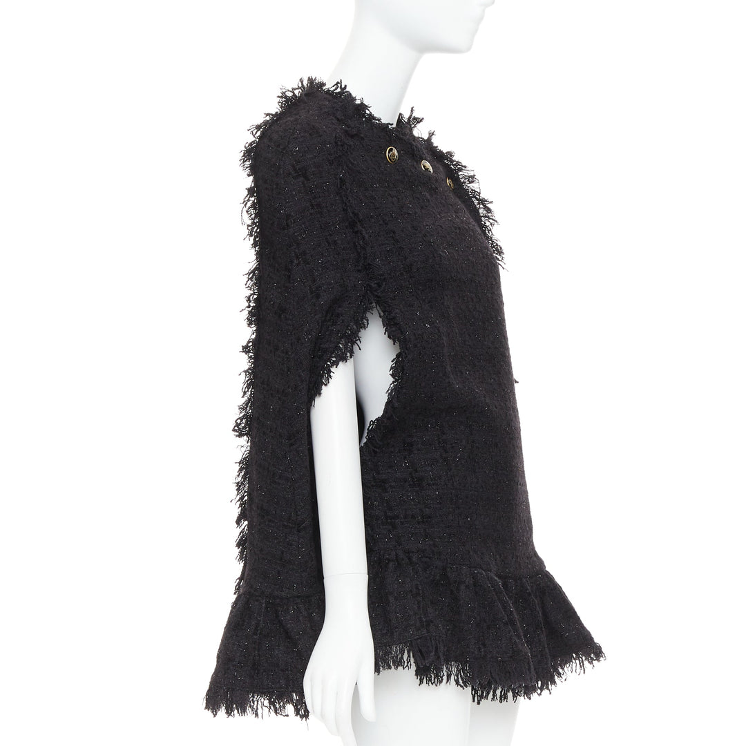 MSGM black tweed gold varsity buttons fringe trim cape coat IT38 XS