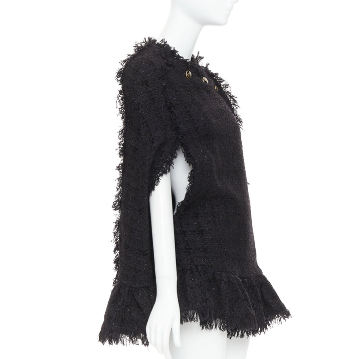 MSGM black tweed gold varsity buttons fringe trim cape coat IT38 XS