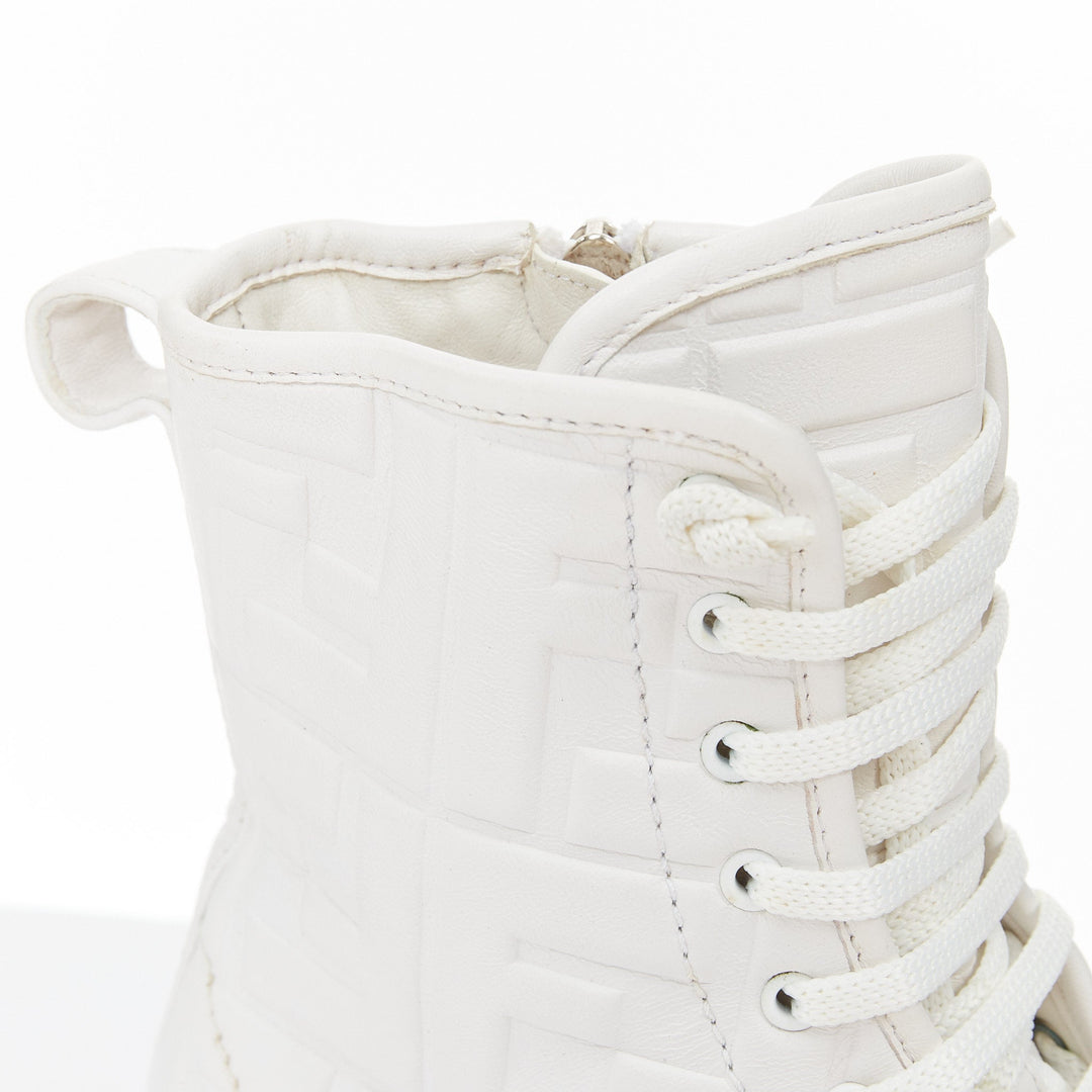 FENDI 2019 Nappa FF Embossed Karligraphy white leather lace combat boots EU38.5