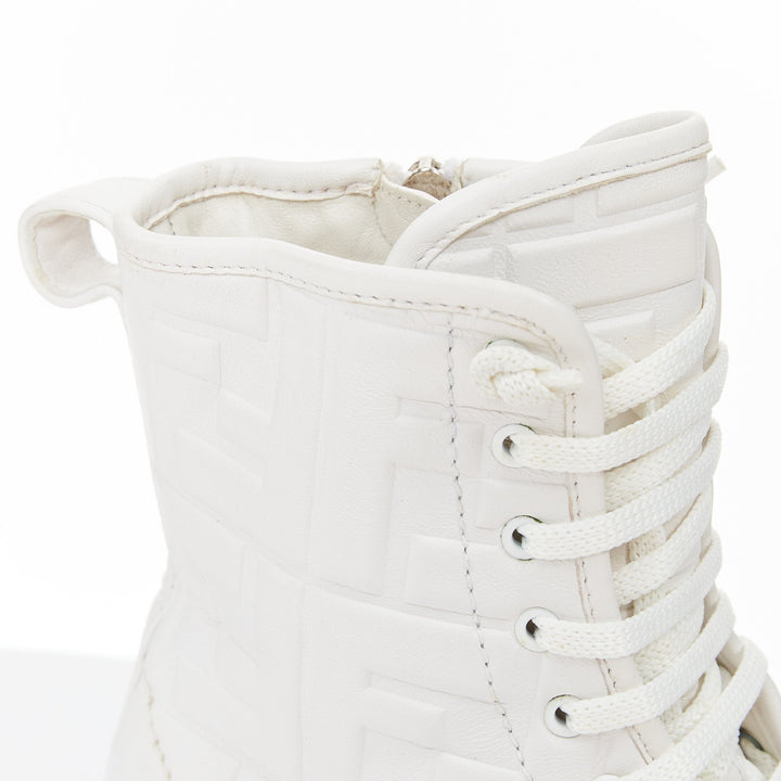 FENDI 2019 Nappa FF Embossed Karligraphy white leather lace combat boots EU38.5