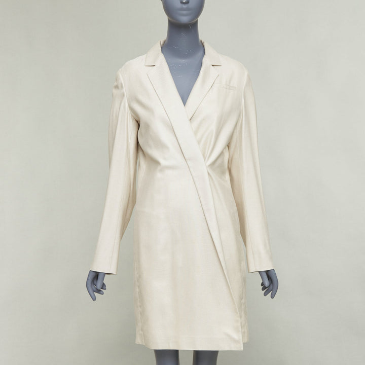 JIL SANDER cream silk blend minimal asymmetric wrap front long coat FR38 M