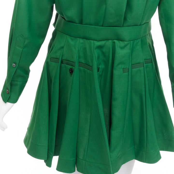 SACAI 2022 cream satin collar placket green belted pleated layered dress JP1 S