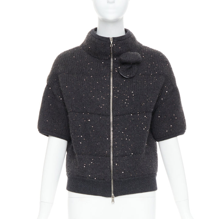 BRUNELLO CUCINELLI Cashmere dark grey sequin padded crop cardigan M