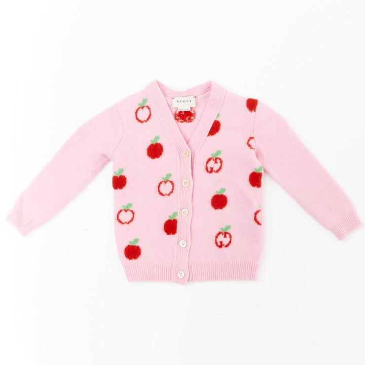 GUCCI KIDS pink red 100% wool apple GG intarsia knit cardigan sweater 18/24M