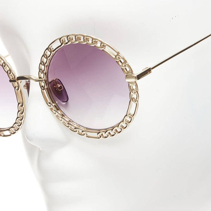 GUCCI GG1113S gold chain rim purple ombre lens round oversized sunnies