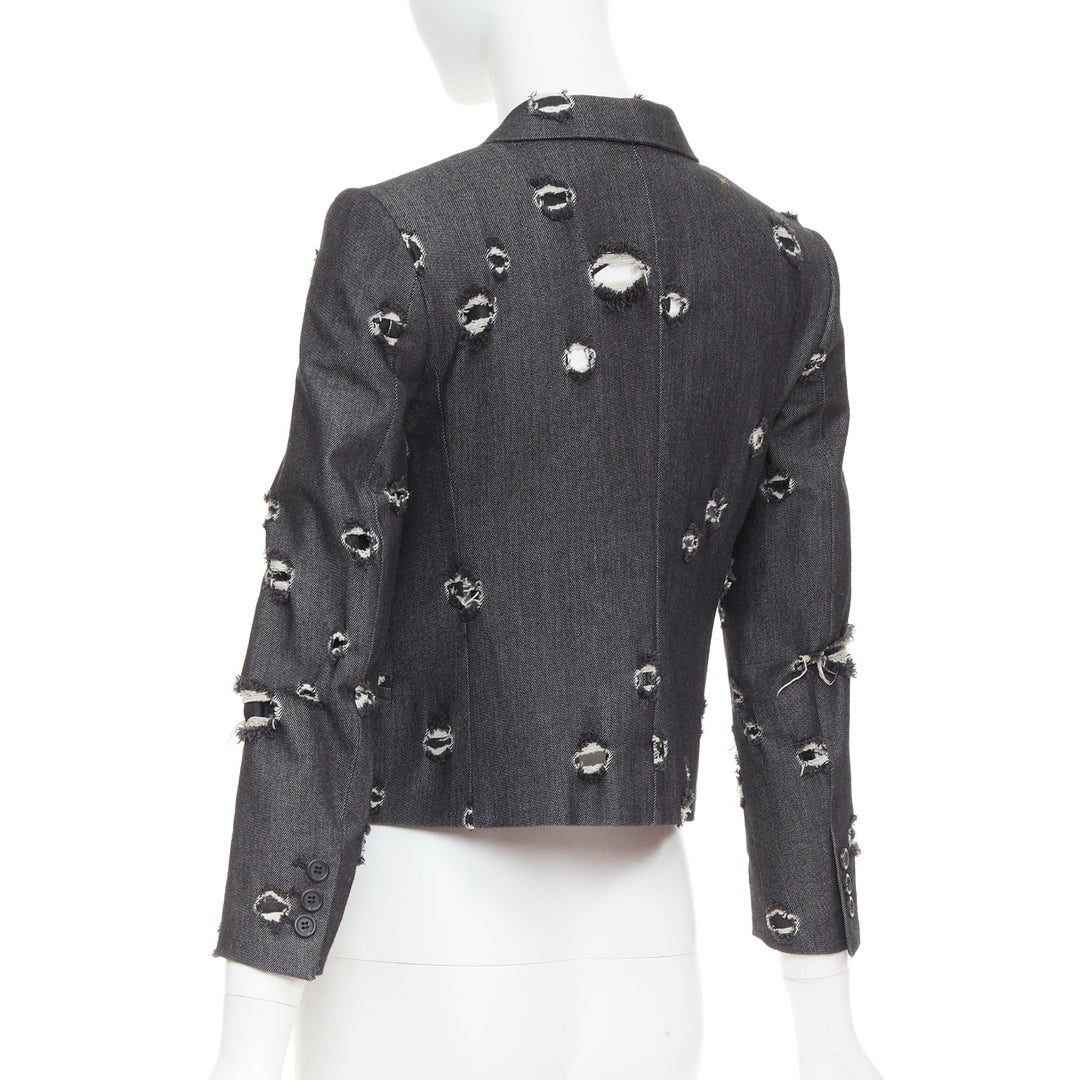 MIU MIU 2009 grey distressed holey cotton crop blazer schoolboy jacket IT38 XS