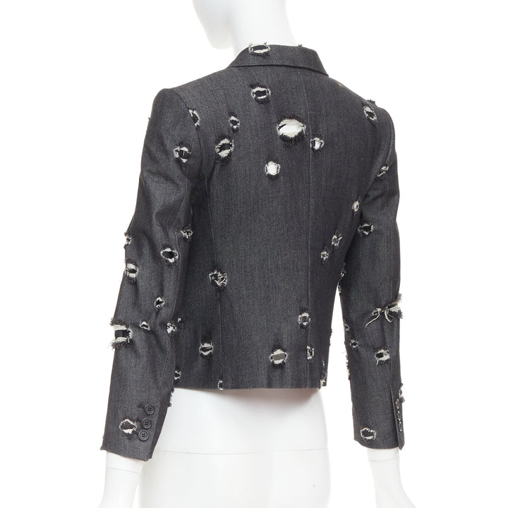 MIU MIU 2009 grey distressed holey cotton crop blazer schoolboy jacket IT38 XS