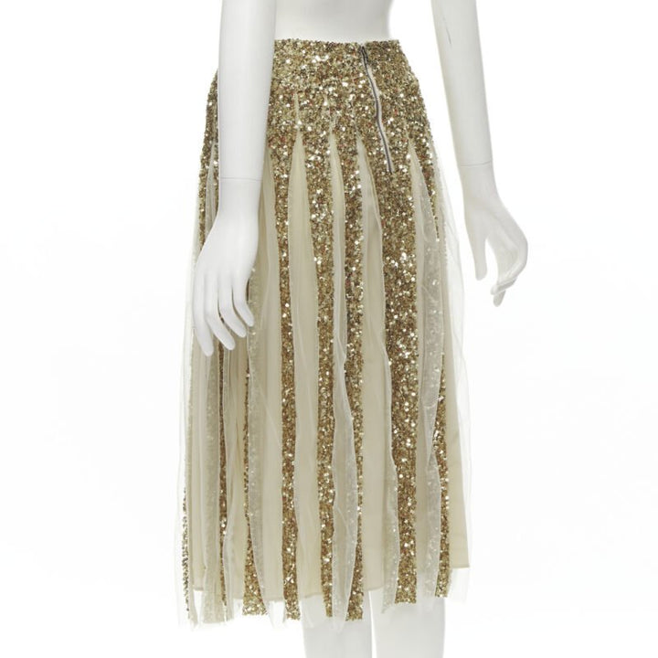 ALICE OLIVIA gold bling sequins sheer nude panel midi skirt US0 XS