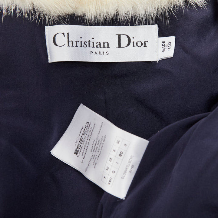 CHRISTIAN DIOR cream navy bicolor genuine fur crop jacket with scarf FR36 S