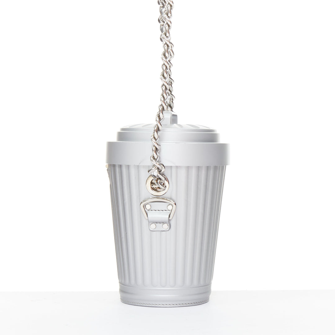 rare MOSCHINO 2017 Jeremy Scott Trash Can metallic silver chain crossbody bag