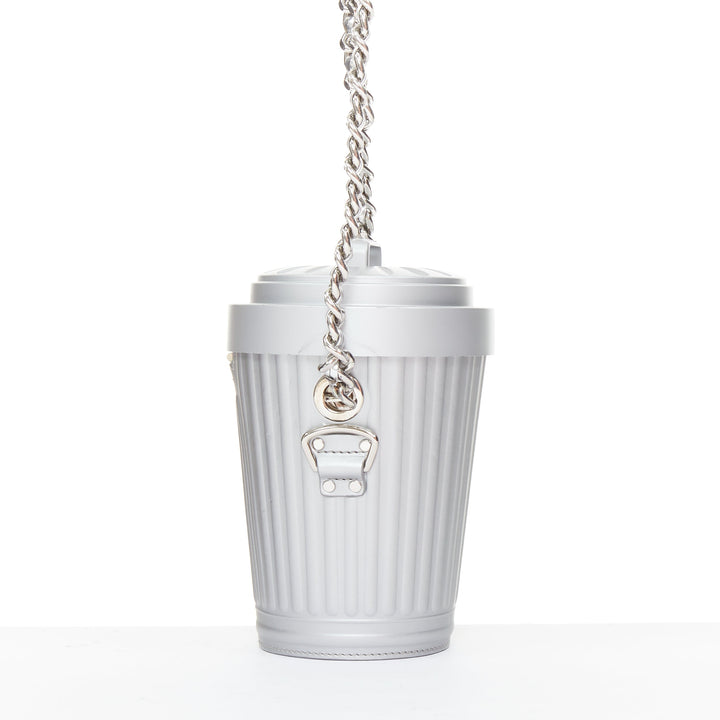 rare MOSCHINO 2017 Jeremy Scott Trash Can metallic silver chain crossbody bag