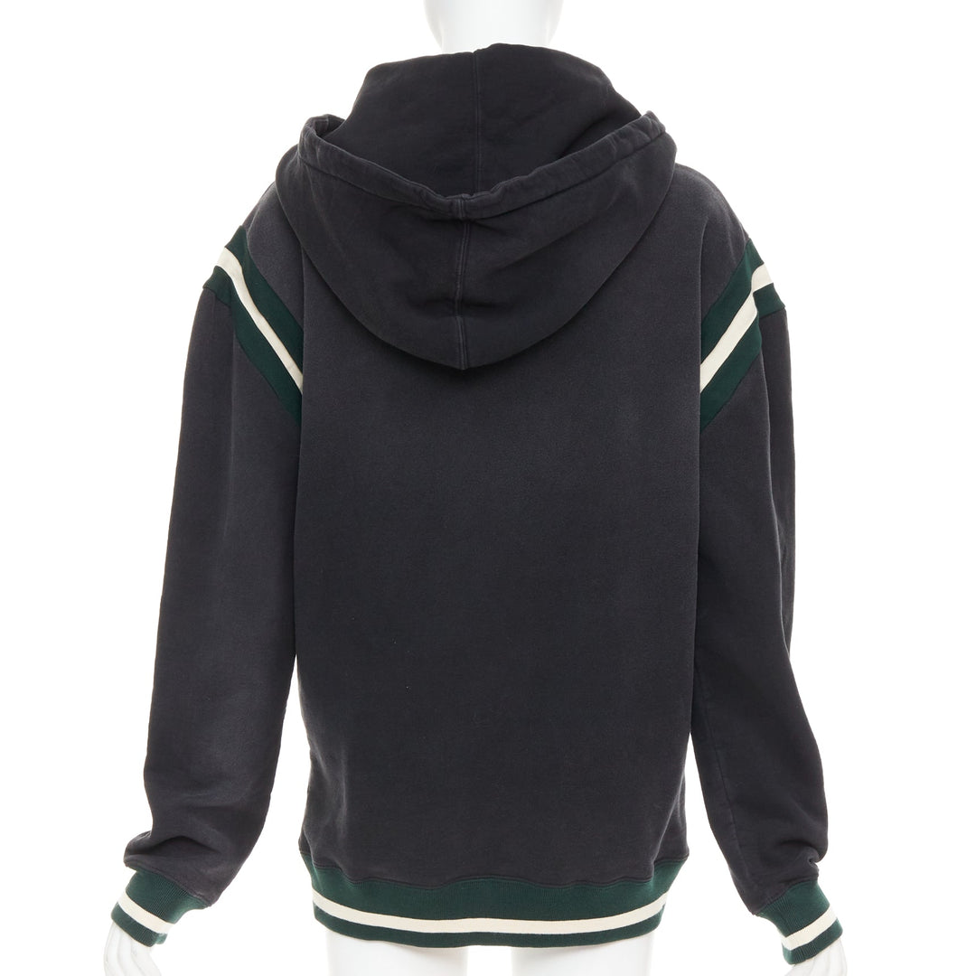 SAINT LAURENT 2022 grey washed cotton green alpaca logo patch varsity hoodie XS