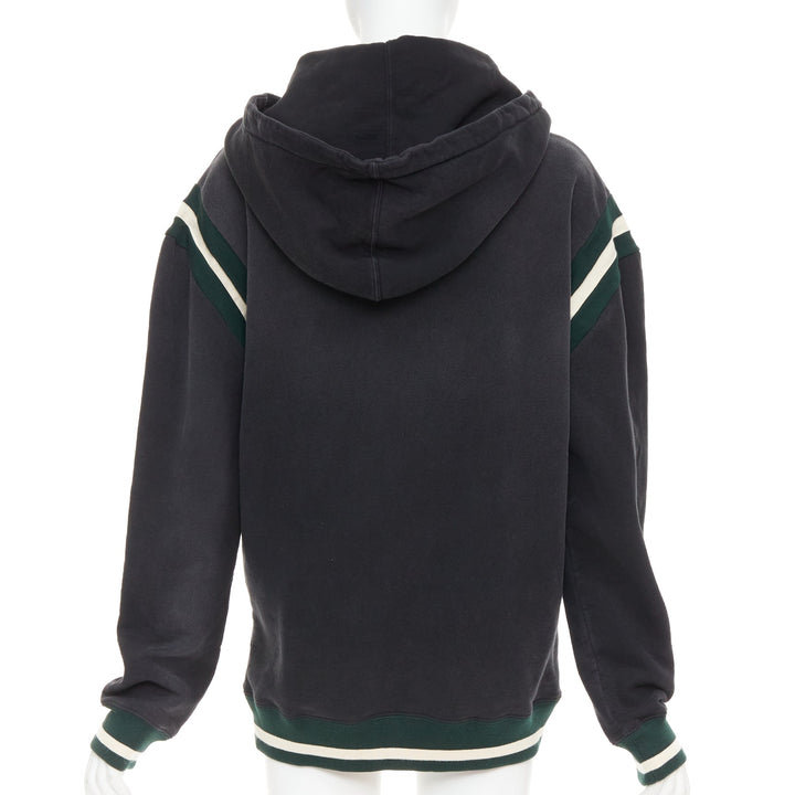 SAINT LAURENT 2022 grey washed cotton green alpaca logo patch varsity hoodie XS