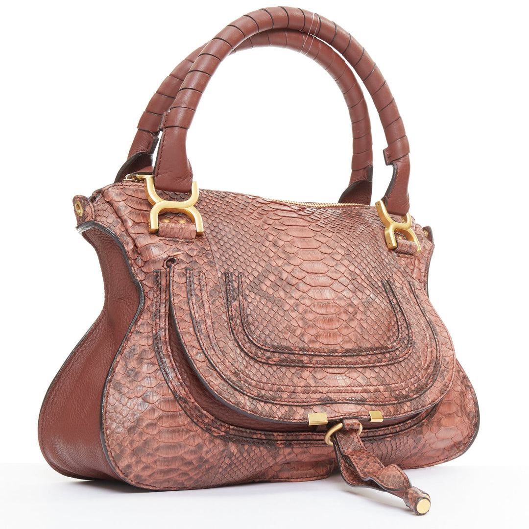 CHLOE Marcie Medium reddish brown snakeskin gold hardware satchel handbag