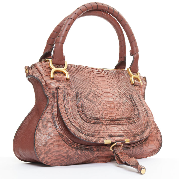 CHLOE Marcie Medium reddish brown snakeskin gold hardware satchel handbag