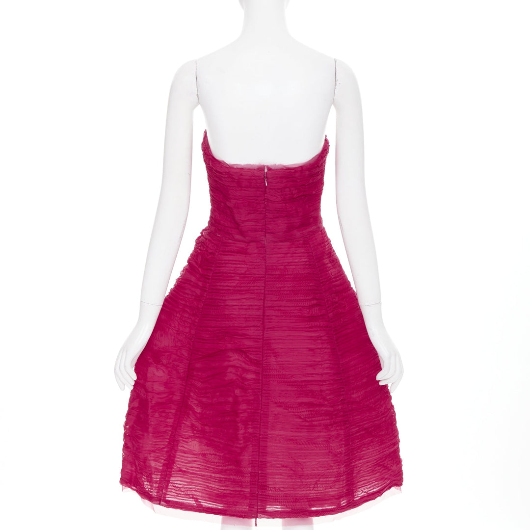 OSCAR DE LA RENTA R17 raspberry pleated silk strapless midi dress US6 M