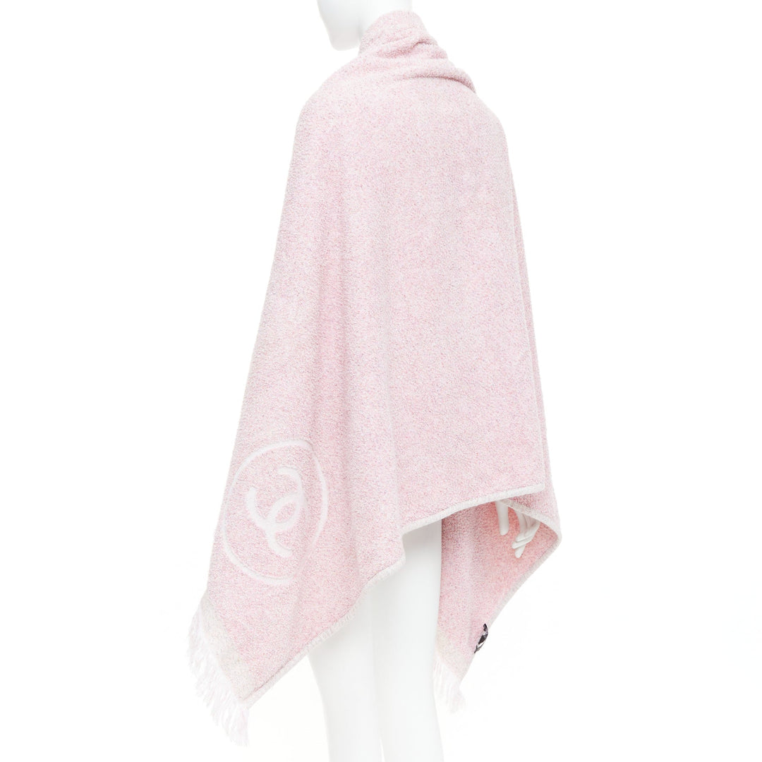 CHANEL Vintage Cruise pink cotton boucle white CC logo fringe trim beach towel