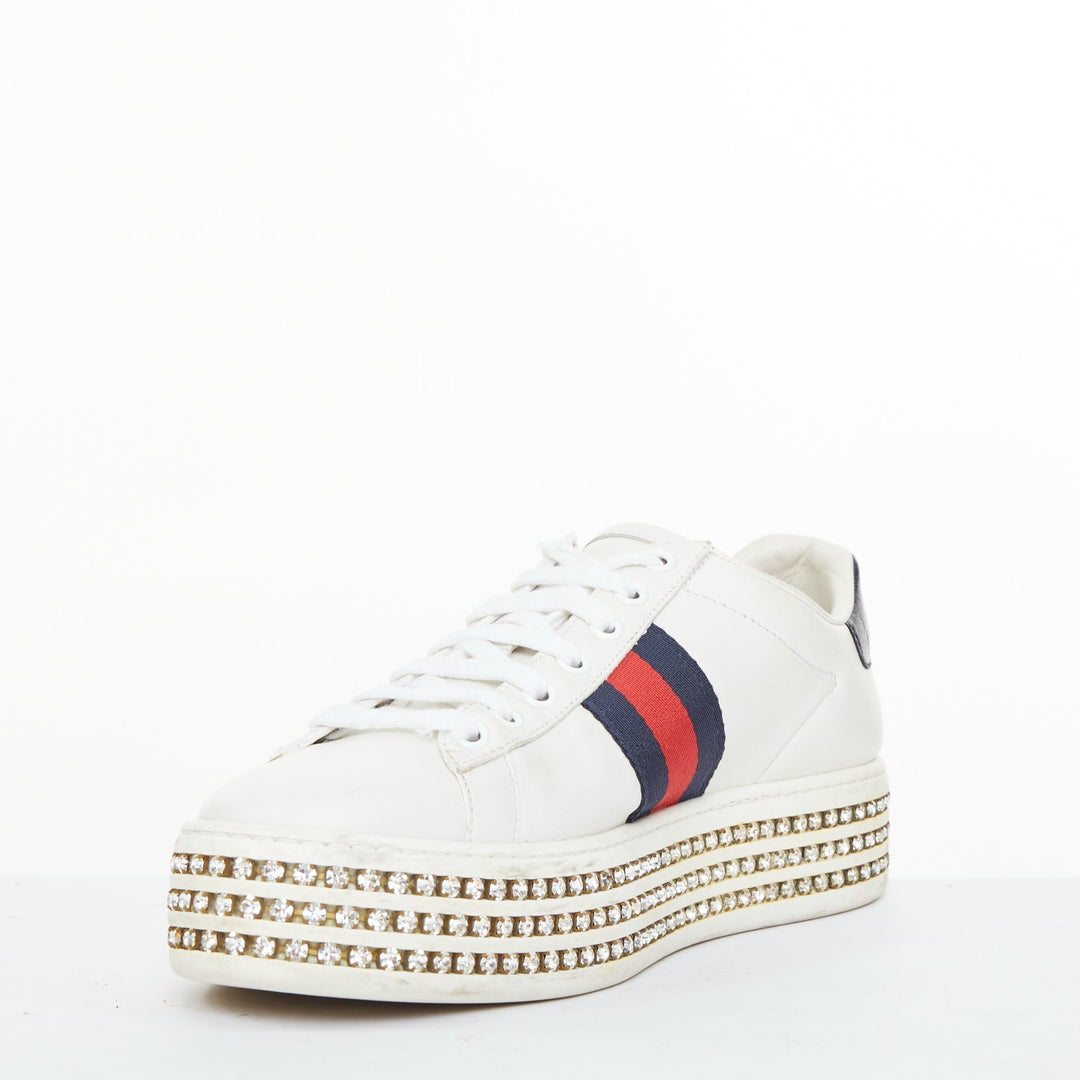 GUCCI 2018 New Ace Crystal Bee embroidered white leather platform sneakers EU38