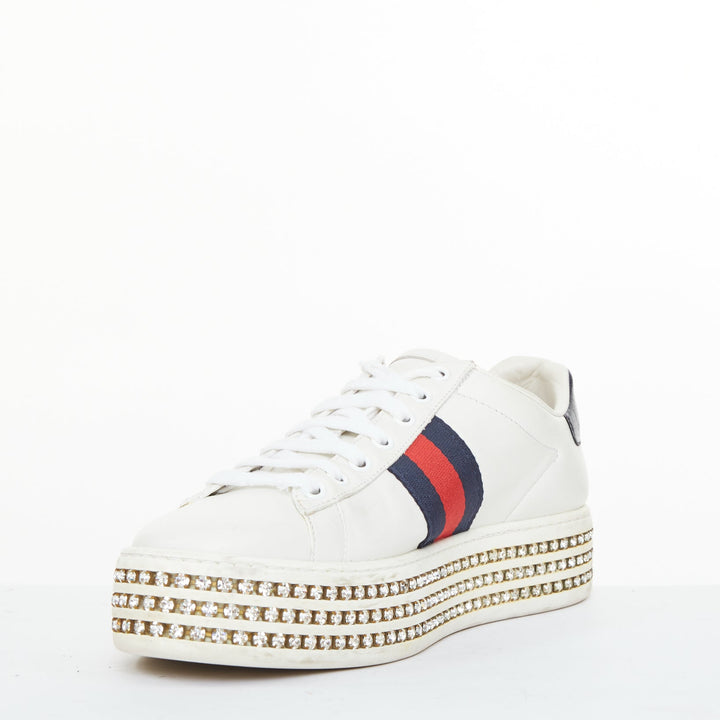 GUCCI 2018 New Ace Crystal Bee embroidered white leather platform sneakers EU38