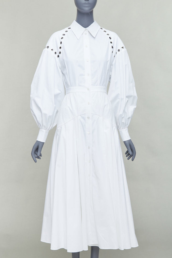 ALEXANDER MCQUEEN 2022 white cotton silver grommet midi dress IT38 XS