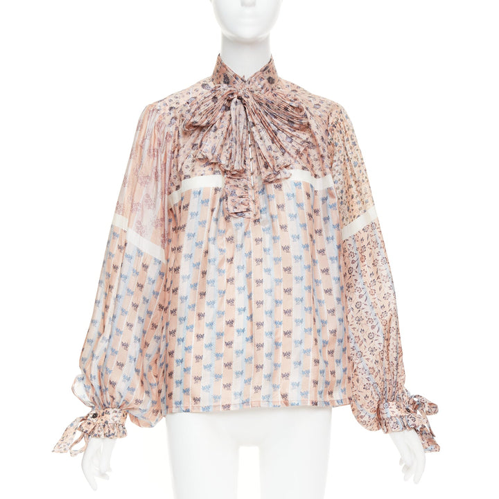 LOUIS VUITTON 2018 Runway 100% silk pink floral stripes pussybow blouse FR36 S