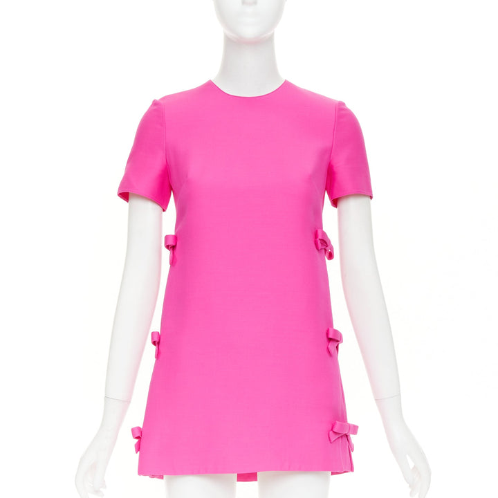 VALENTINO 2022 Runway PP Pink wool silk bow embellishment crew mini dress IT36