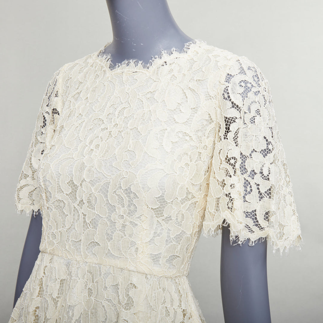 DOLCE GABBANA cream floral lace short sleeve silk lined dress IT40 S