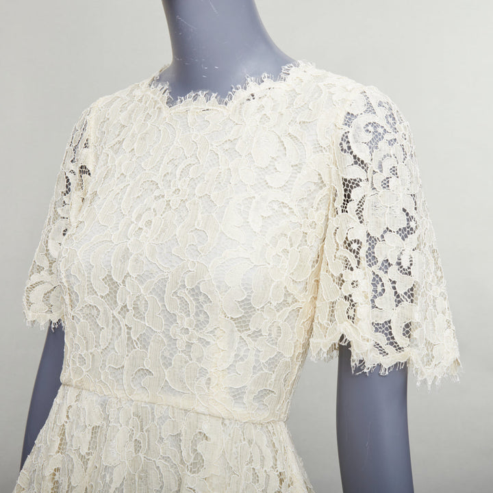 DOLCE GABBANA cream floral lace short sleeve silk lined dress IT40 S