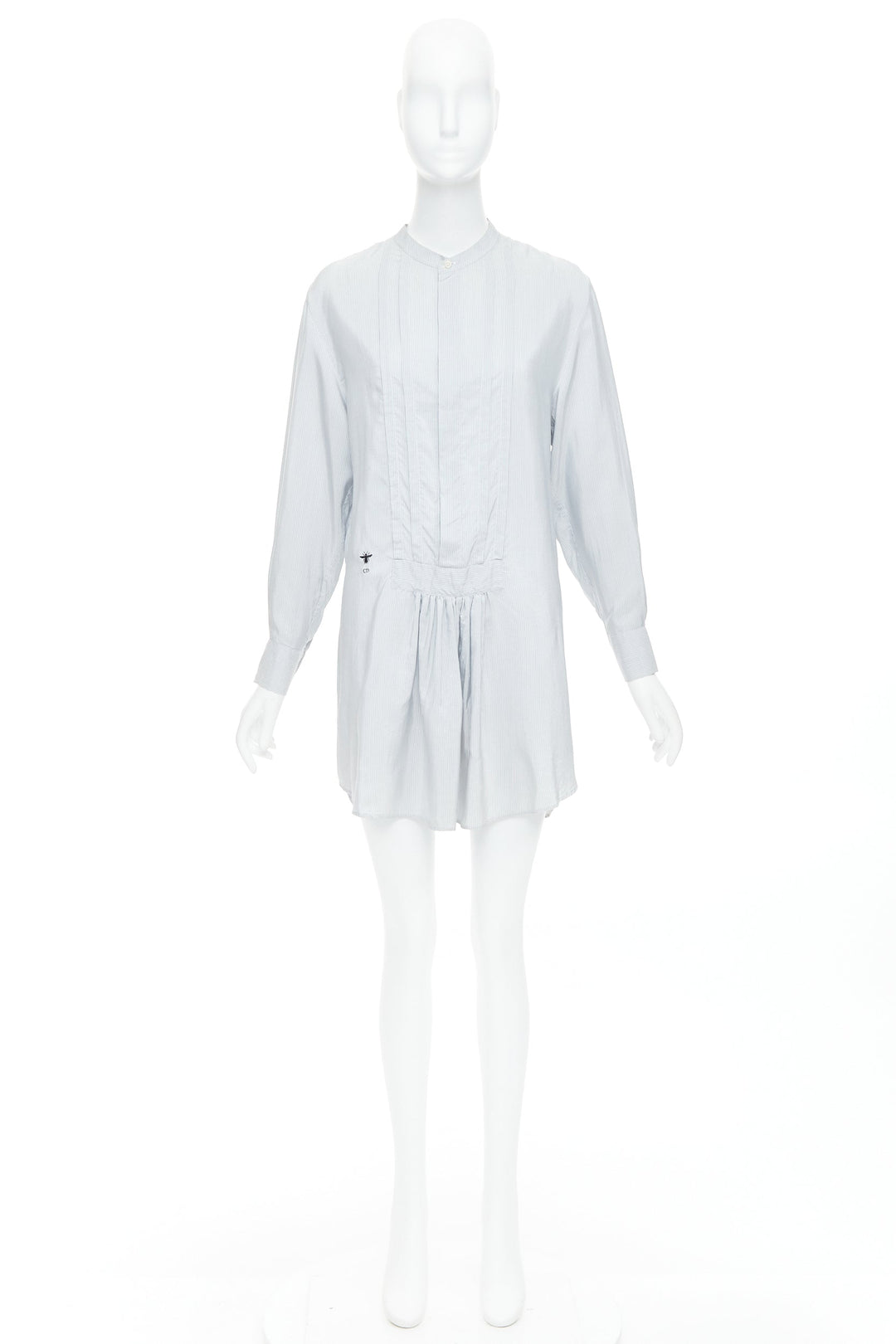 CHRISTIAN DIOR blue 100% silk CD bee embroidery button down shirt dress FR36 S
