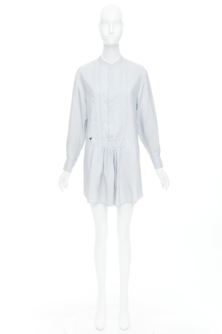 CHRISTIAN DIOR blue 100% silk CD bee embroidery button down shirt dress FR36 S