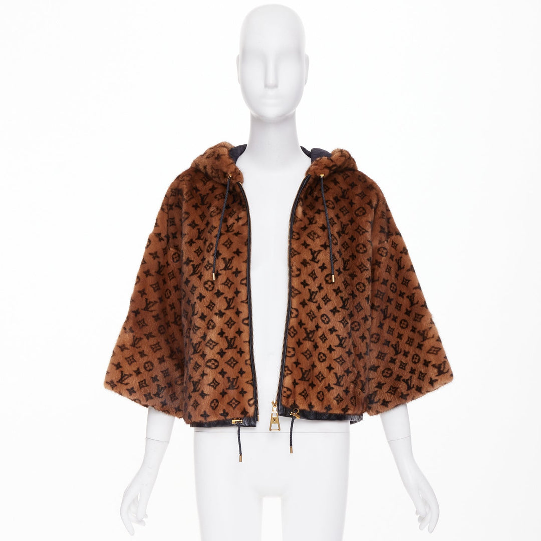 LOUIS VUITTON 2022 Monogram Mink Fur drawstring zip up hooded jacket FR34 XS