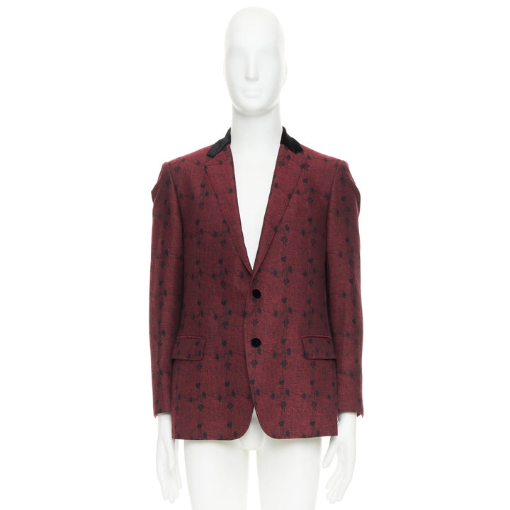 ETRO wine red velvet trim wool silk single breasted floral blazer IT52 XL
