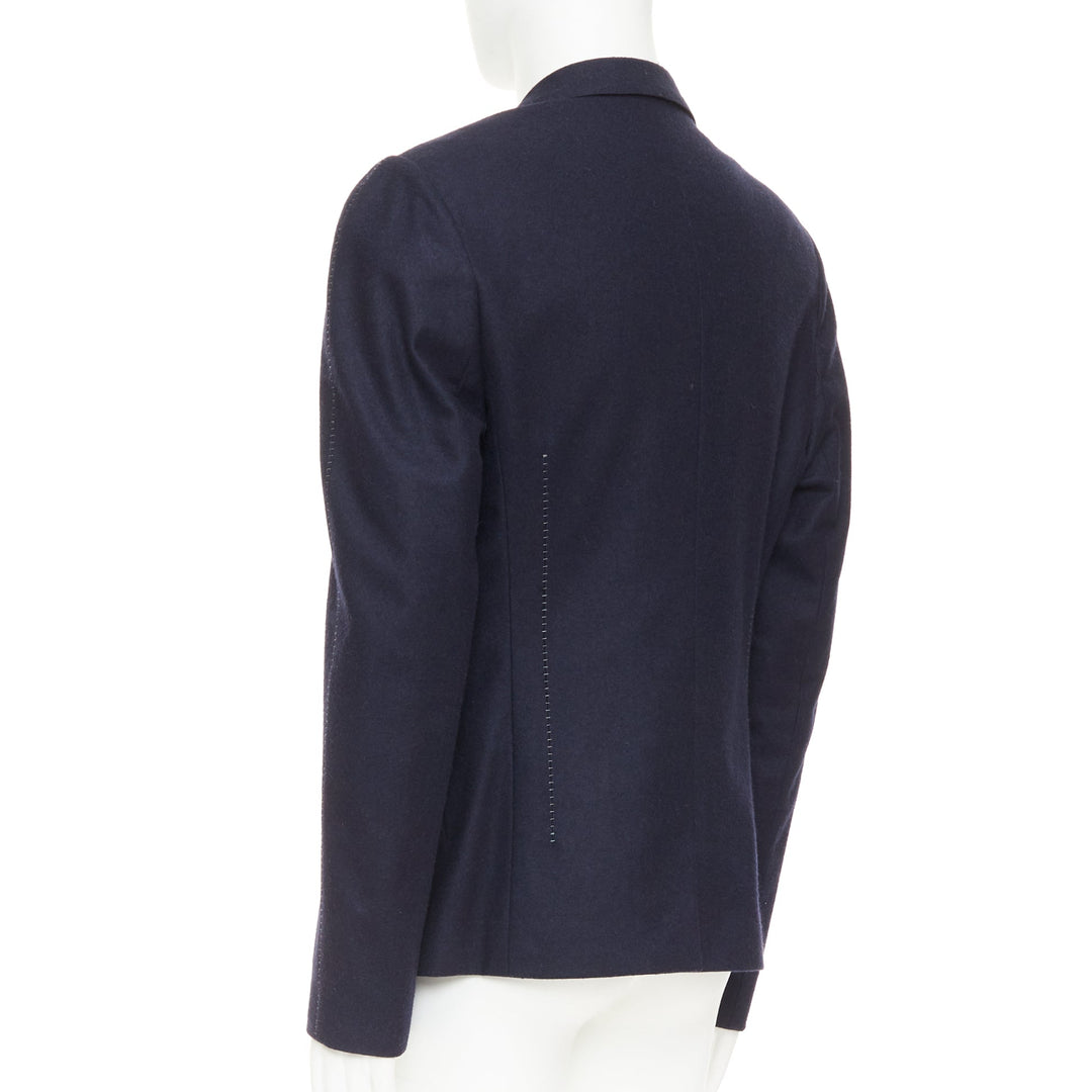 LANVIN navy wool overstitch seams notched lapel single breasted blazer EU52 XL