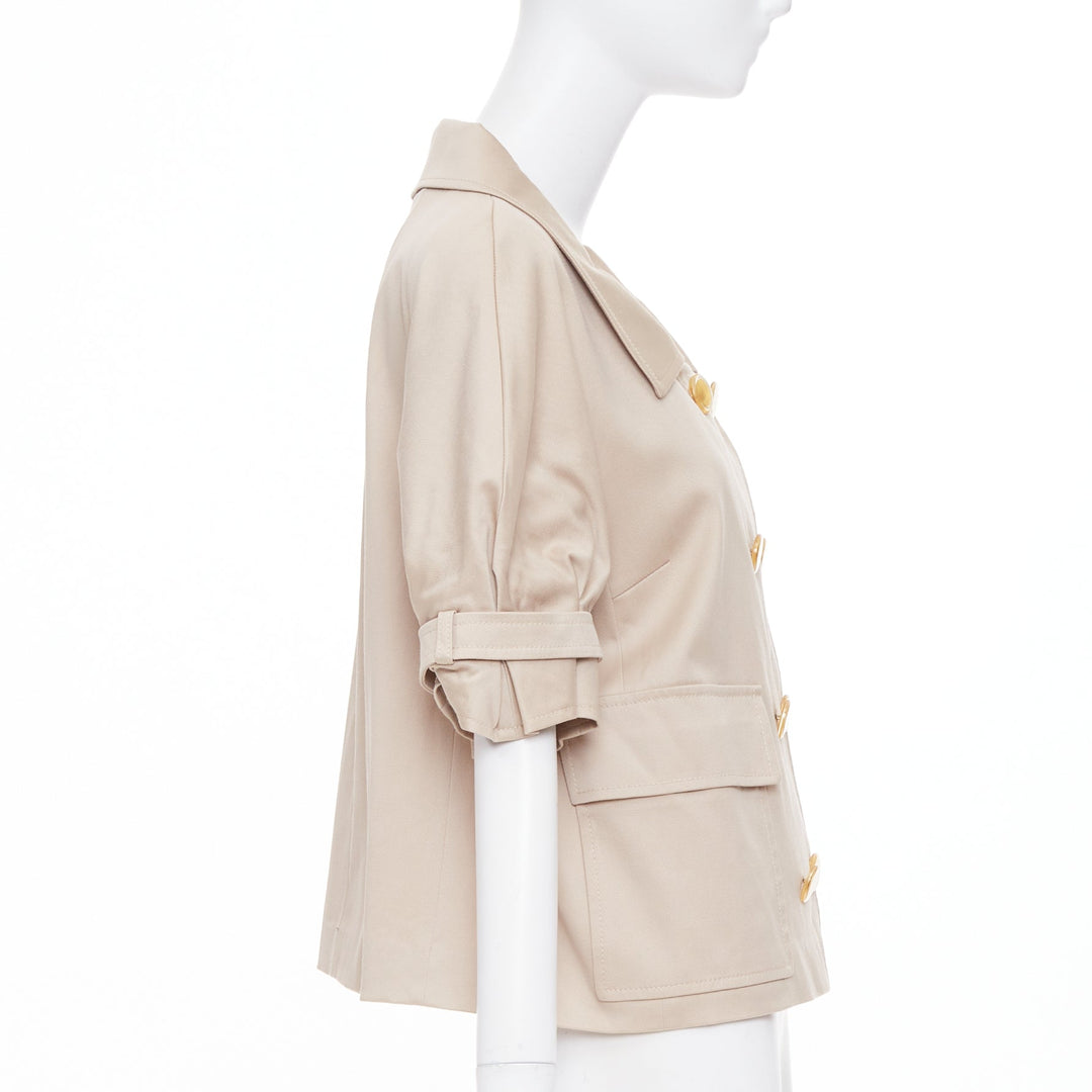 ESCADA khaki tan virgin wool gold button double breasted cropped jacket IT42 M