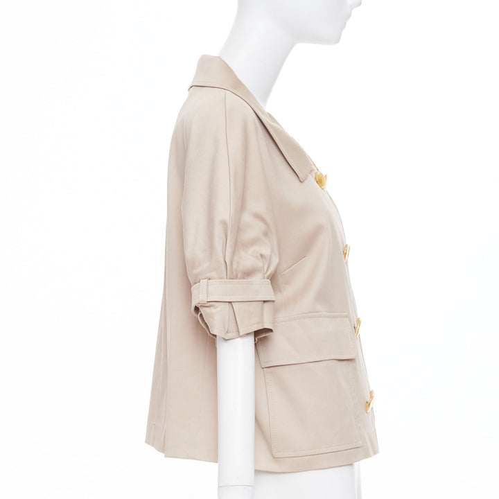 ESCADA khaki tan virgin wool gold button double breasted cropped jacket IT42 M