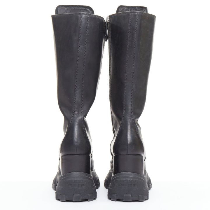 MIU MIU Runway black leather logo lace up chunky wedge tall boots EU39