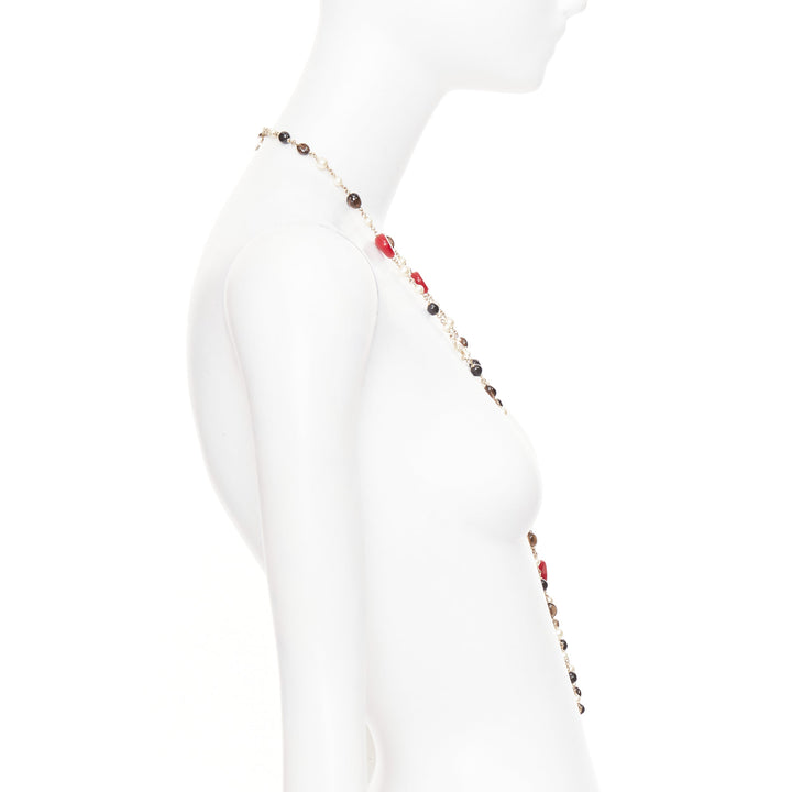 CHANEL A14C red black resin faux pearl CC logo station chain sautoir necklace