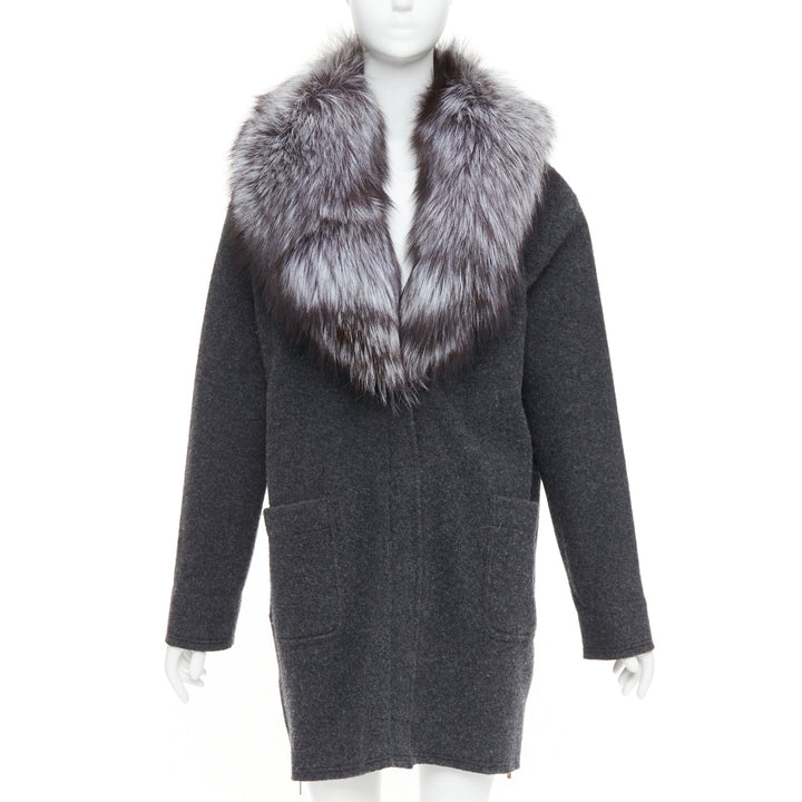 MICHAEL KORS COLLECTION grey fur collar dark grey wool side zip coat