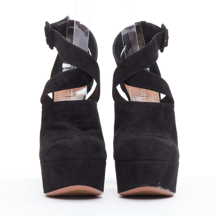 ALAIA black suede wrap strap sky high block platform heels EU38