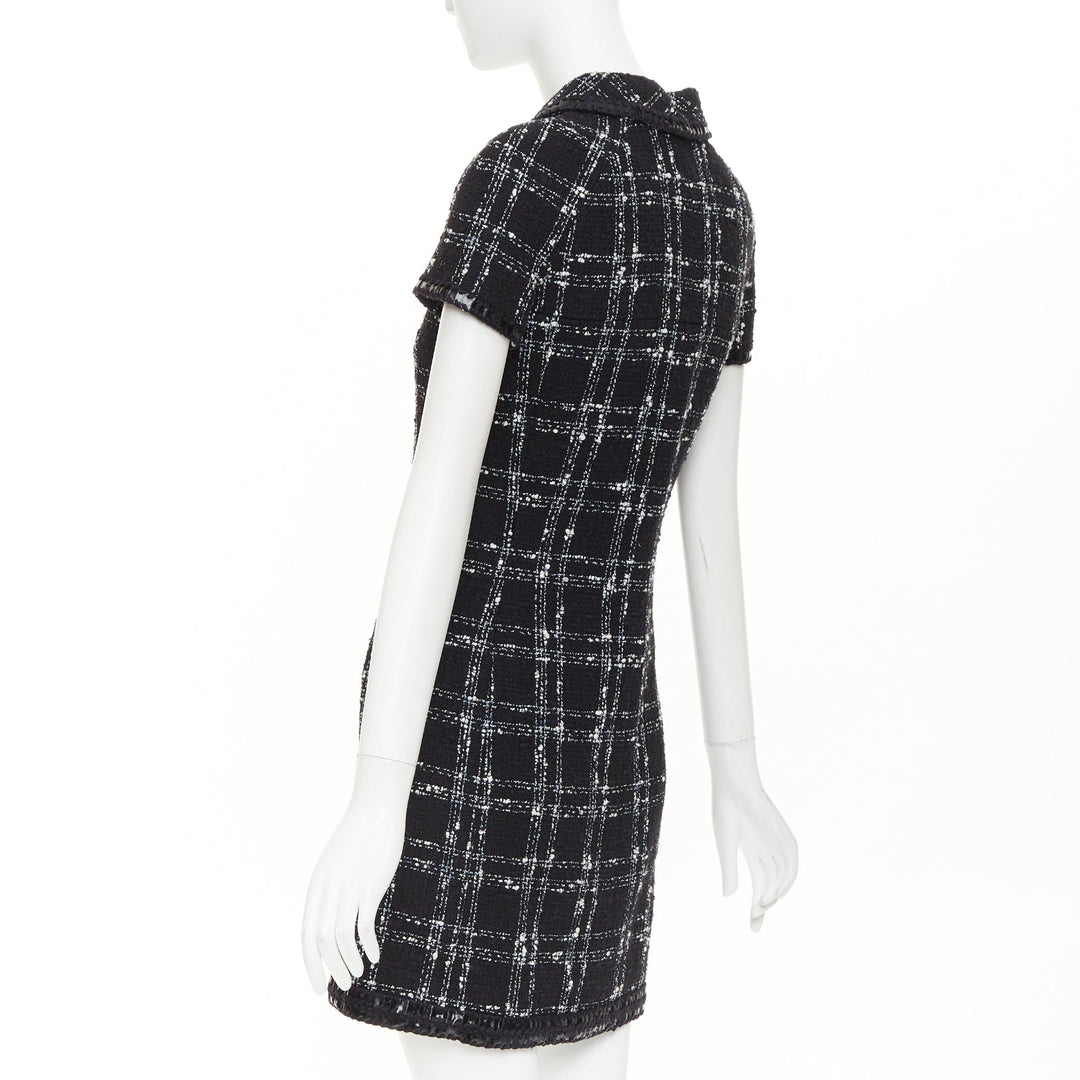CHANEL 2007 black white check plaid bow collar fringe tweed dress FR36 S