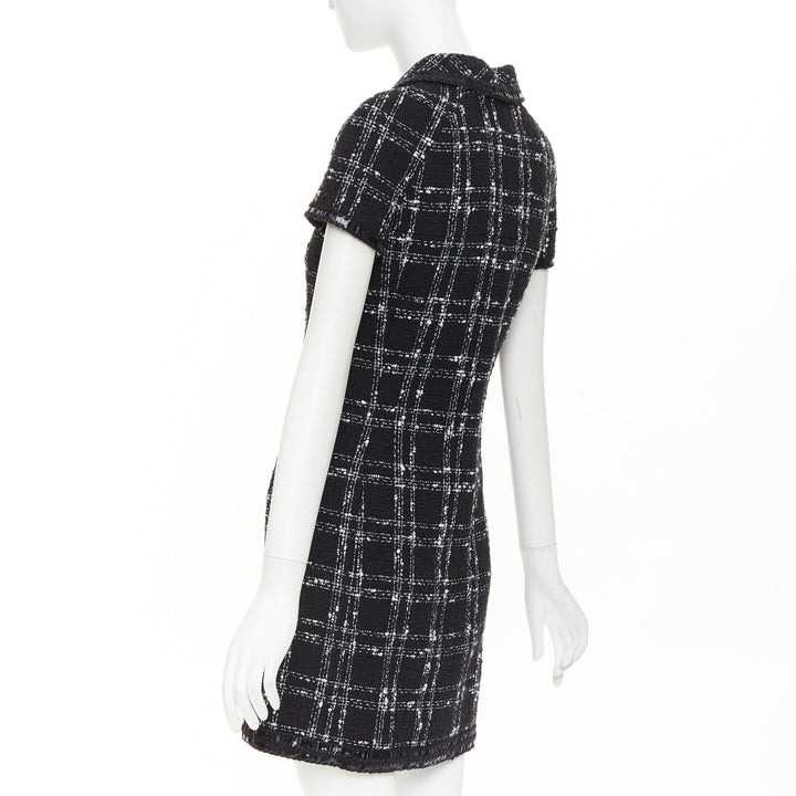 CHANEL 2007 black white check plaid bow collar fringe tweed dress FR36 S