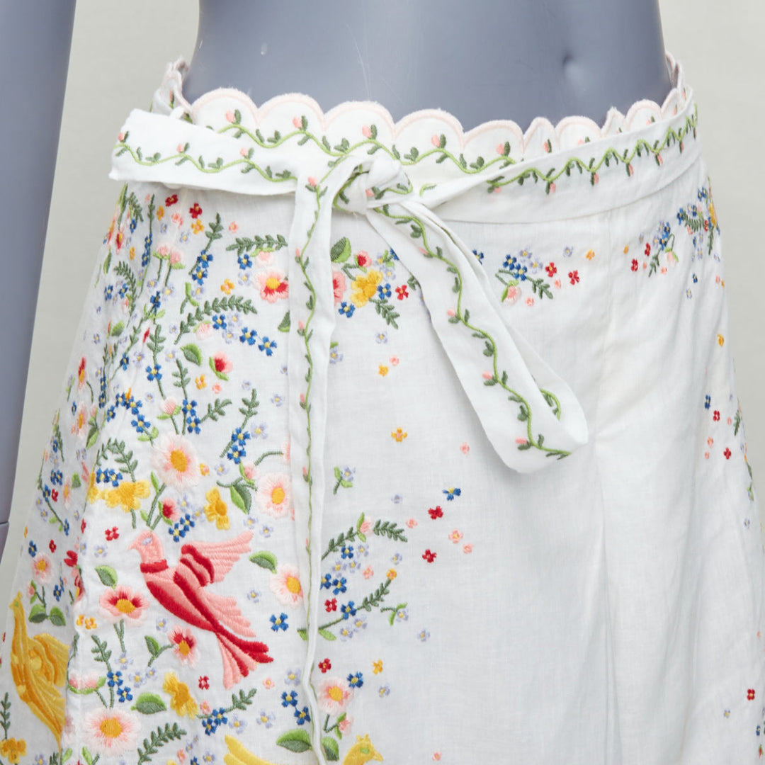 ZIMMERMANN Carnaby white linen cotton phoenix embroidery scallop shorts US2 S2