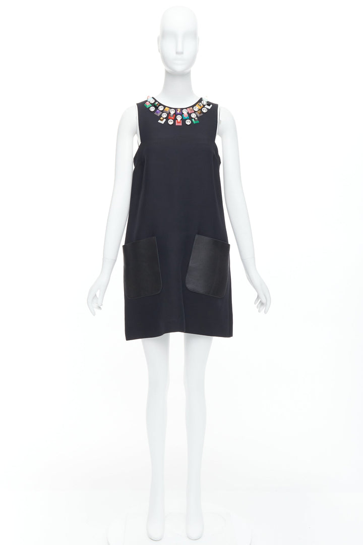 FENDI black multicolour studded rhinestone neckline leather pocket dress IT42 M