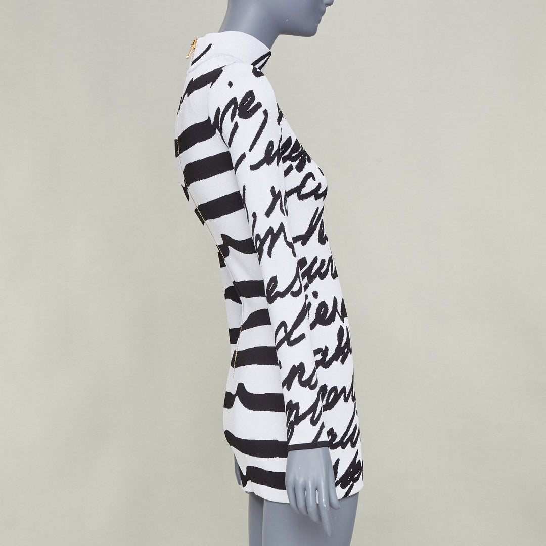 BALMAIN white black script stripe jacquard mock neck knit zip dress FR34 XXS