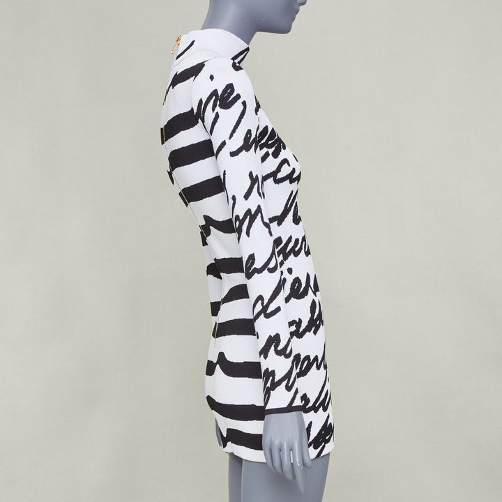 BALMAIN white black script stripe jacquard mock neck knit zip dress FR34 XXS