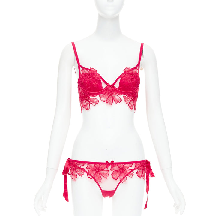 AGENT PROVOCATEUR Serephina red floral lace cotton trim bow lingerie set 86B M