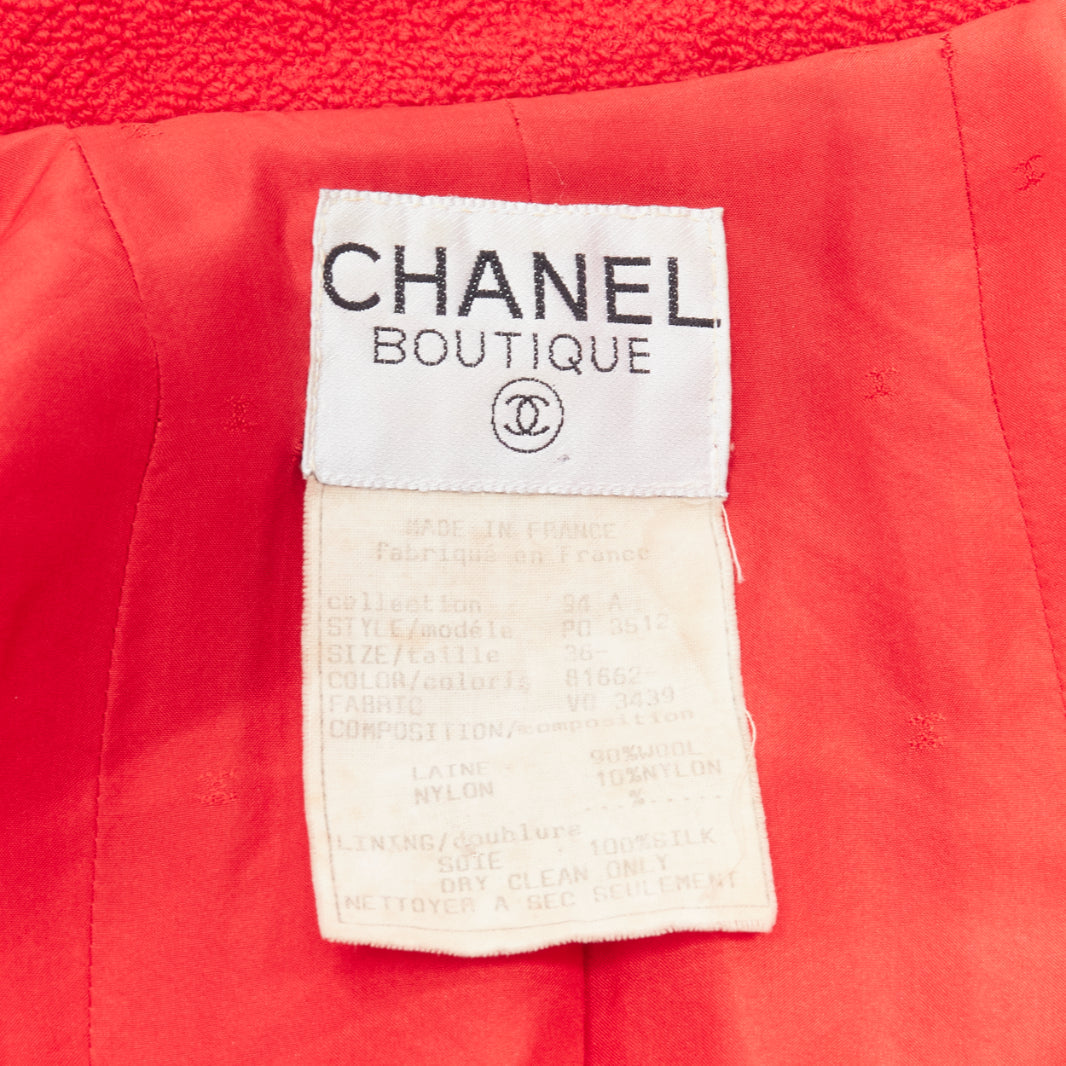 CHANEL 94A Vintage Runway red wool tweed gold CC button jacket FR36 S