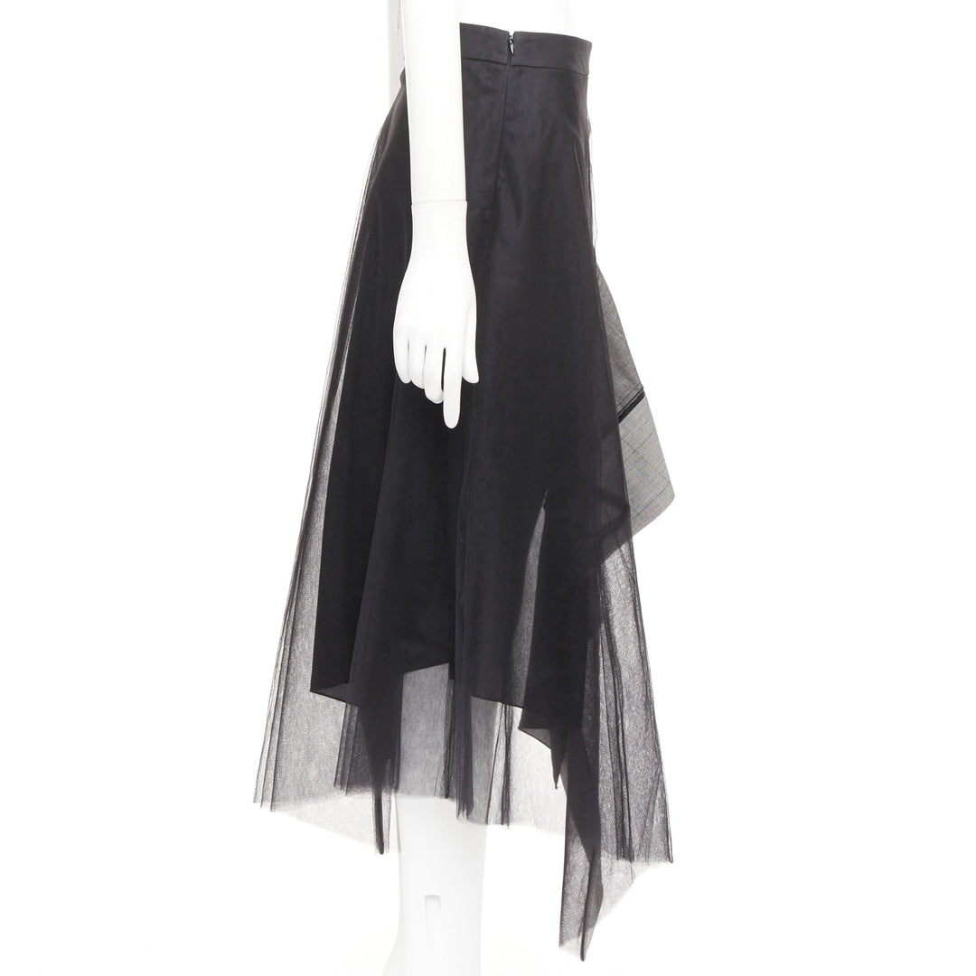 MONSE black nylon tulle wool glen plaid deconstructed asymmetric skirt US0 XS