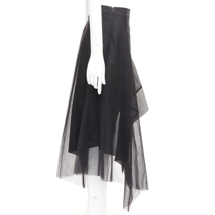 MONSE black nylon tulle wool glen plaid deconstructed asymmetric skirt US0 XS